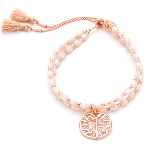 Rose Gold Plated Bracelet with Milk Glass Crystals and Tree of Life Pendant