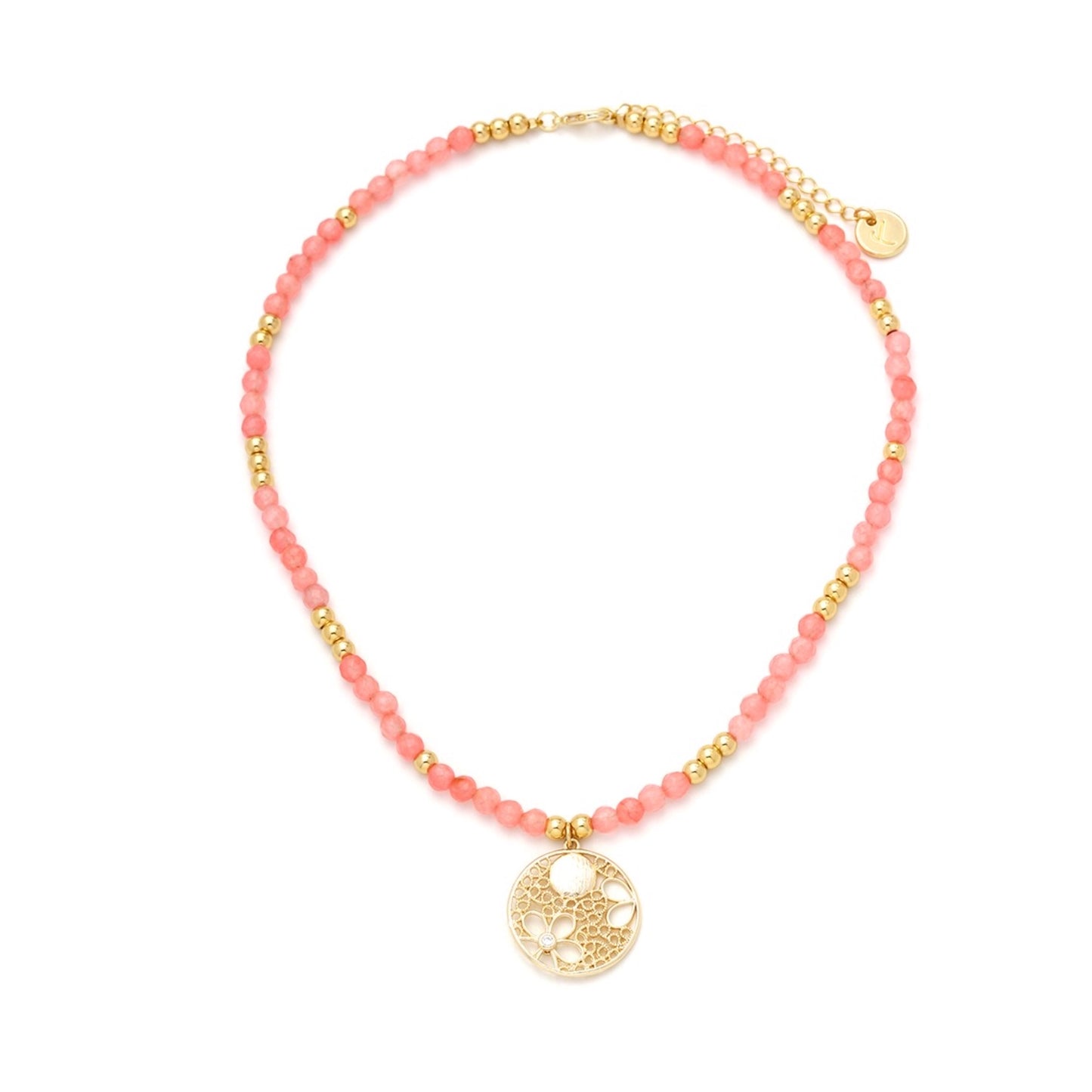 Gold Plated Coral Jadeite Necklace with Zircon Flower Pendant