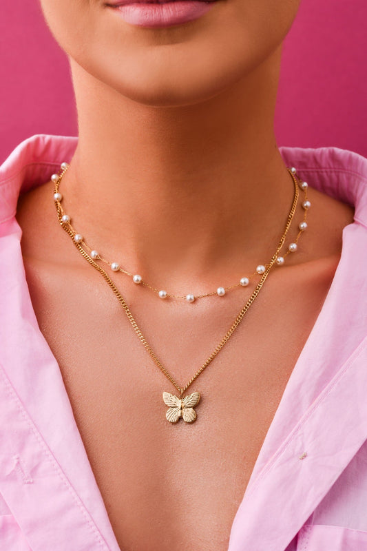 14k Gold Plated Double Chain Necklace with Pearls and Butterfly Pendant