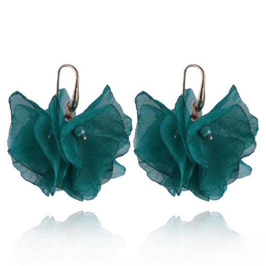 Short Teal Silk Flower Earrings