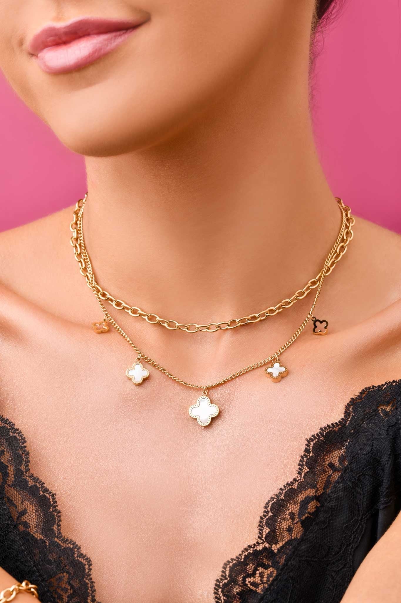 14k Gold Plated Double Chain & Two Side Clovers Necklace