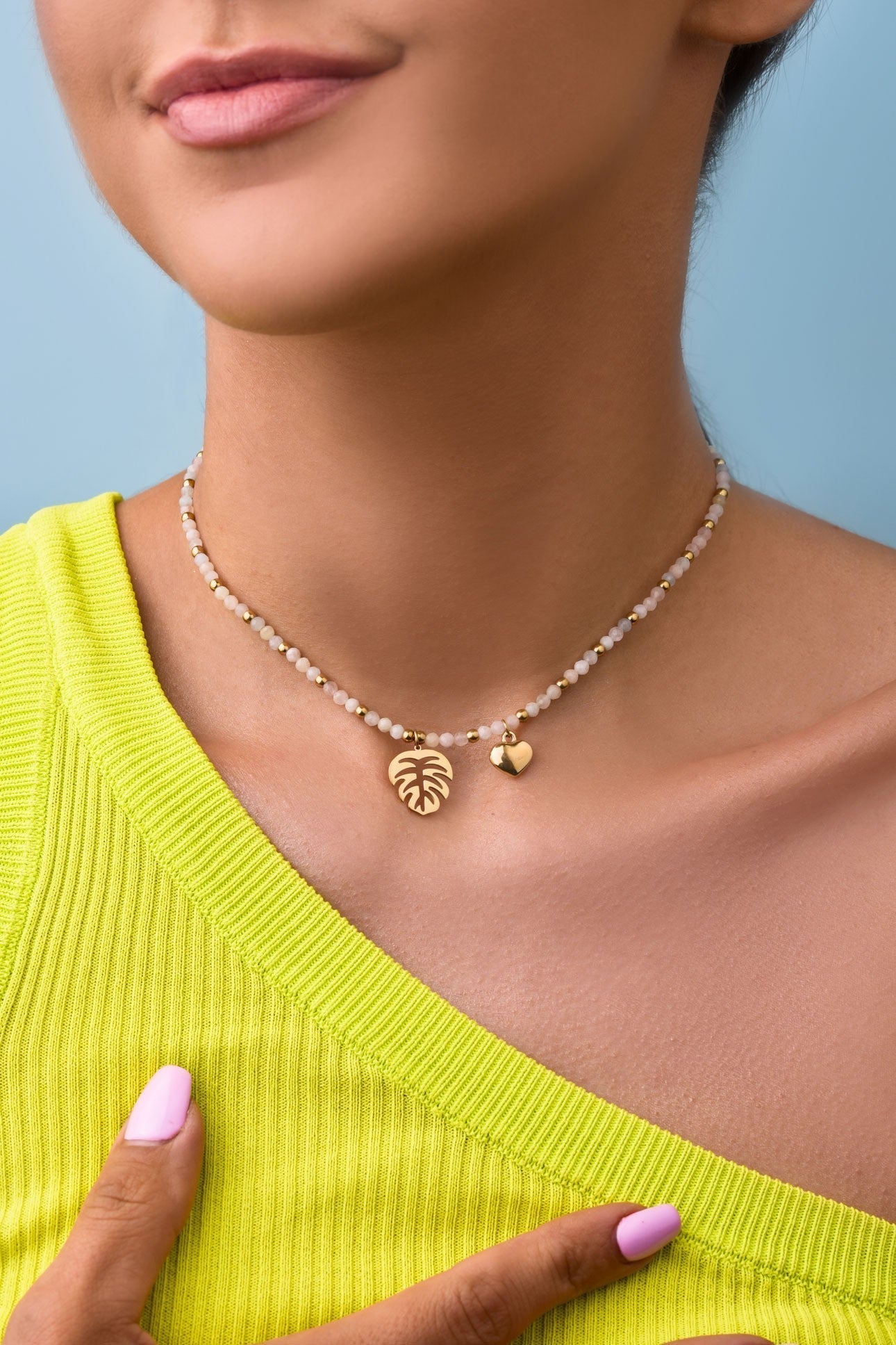 Morganite Stones Necklace with Gold Plated Monstera Leaf Pendant