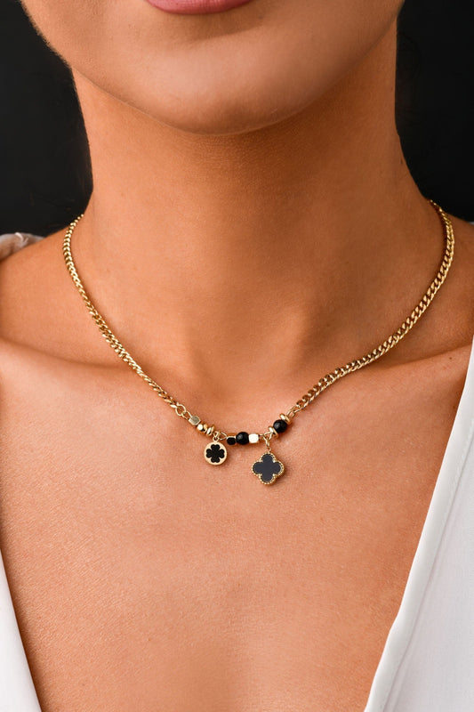 14k Gold Plated Chain Necklace with Black Clovers