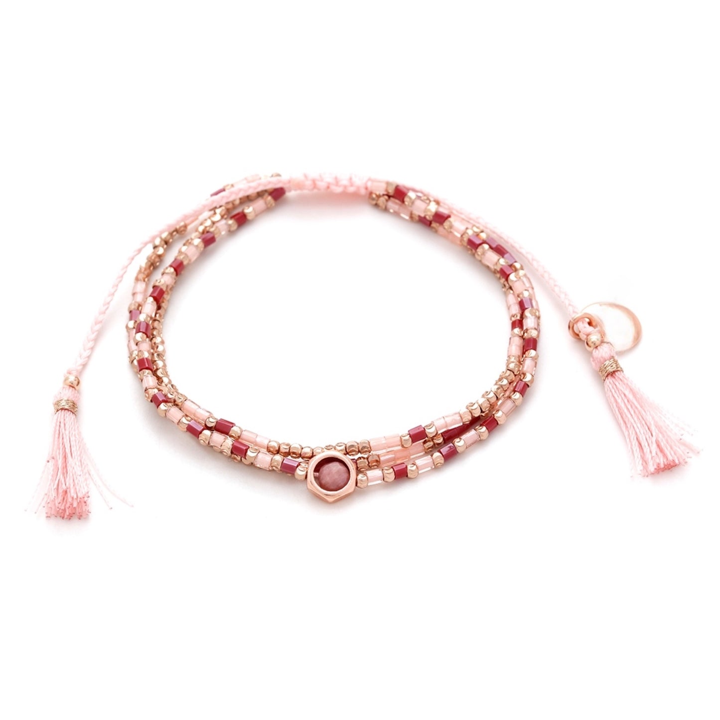 Rose Gold Plated Triple String Bracelet with Coral Jadeite Stones & Miyuki Beads