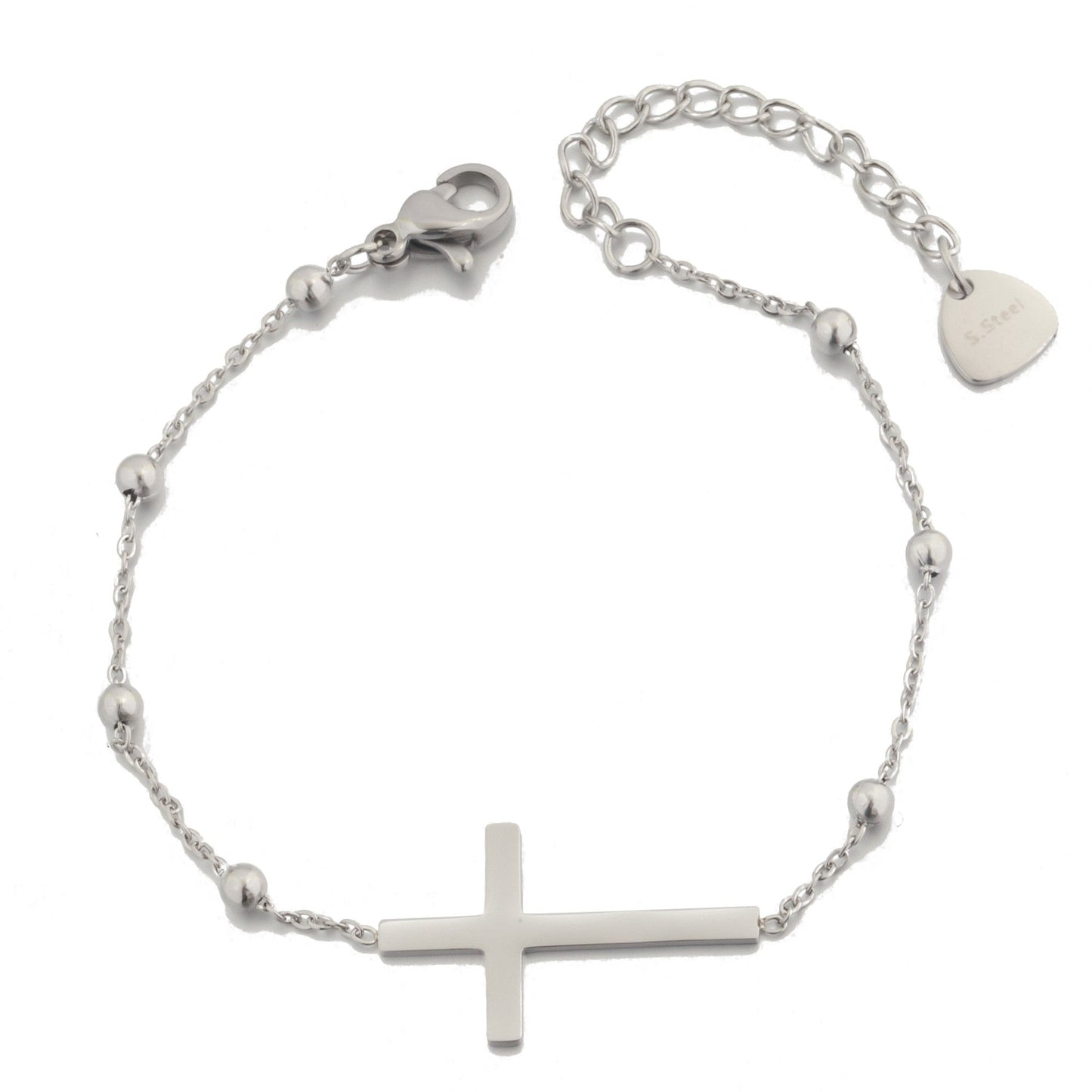 Silver Gold Plated Stainless Steel Cross and Beads Bracelet