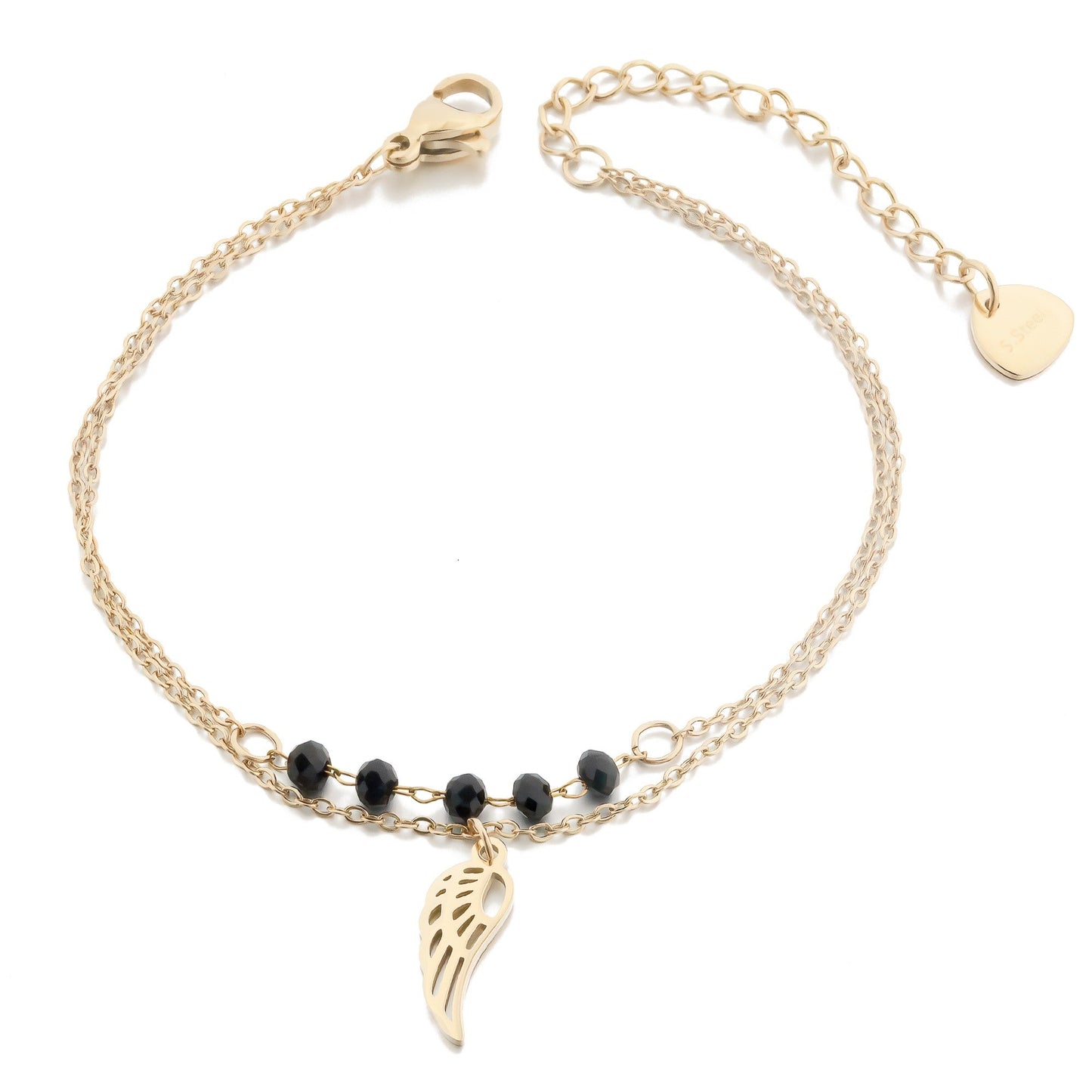 Double Chain Angel Wing Bracelet with Black Crystals