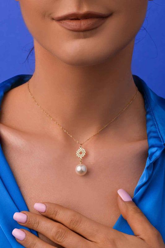 Gold Plated Flower Necklace with Pearl Pendant