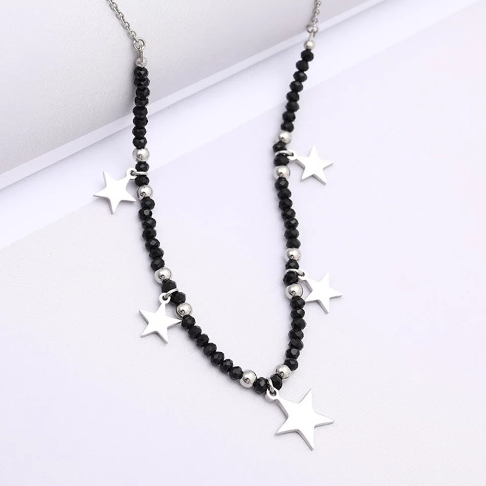 Stainless Steel Black Crystals and Stars Necklace
