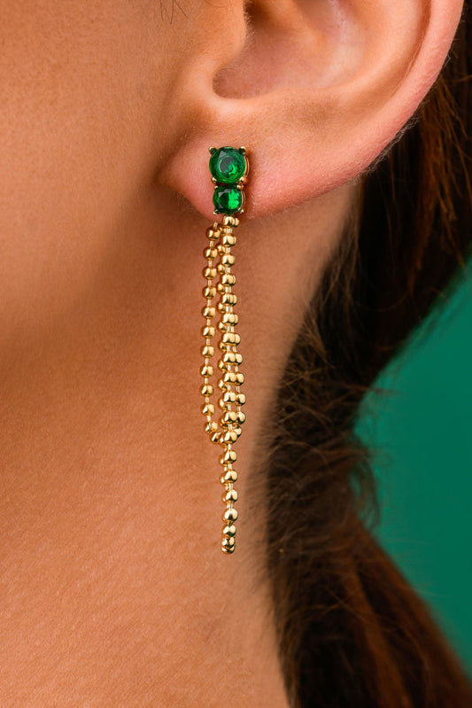 14k Gold Plated Double Chain and Green Crystals Earrings