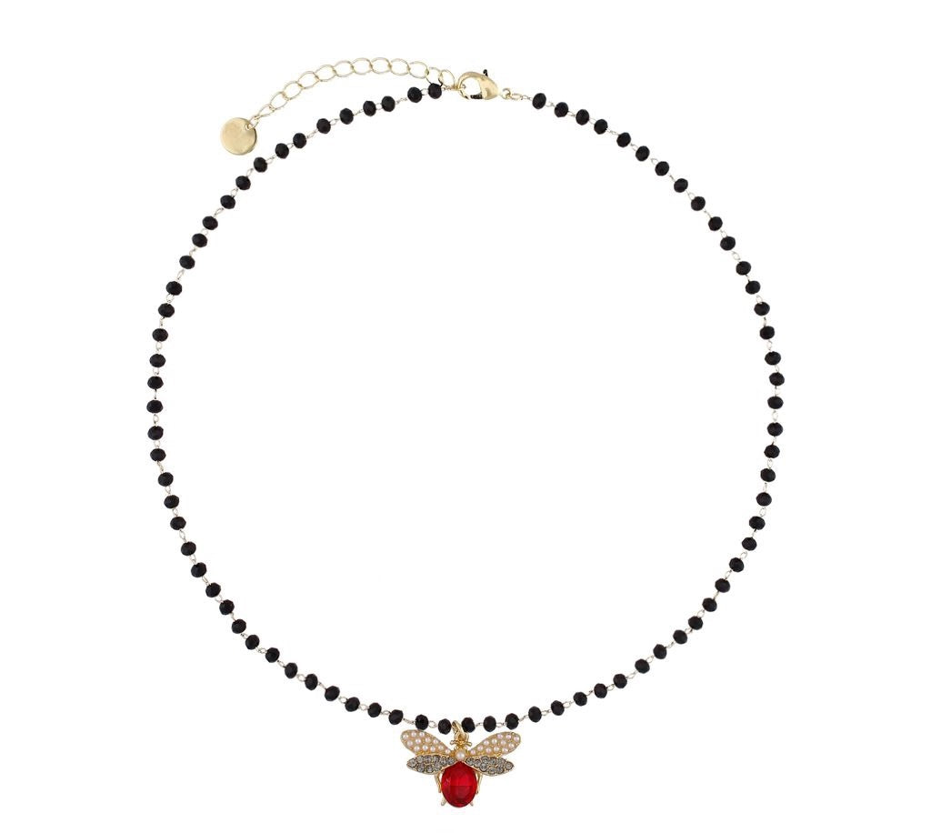 Black Agate Choker with Red Dragonfly