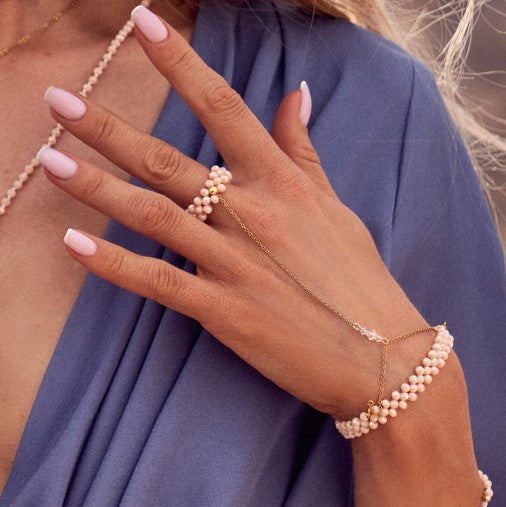 Gold Plated Three Row Cream Ring Bracelet with Swarovski Crystals