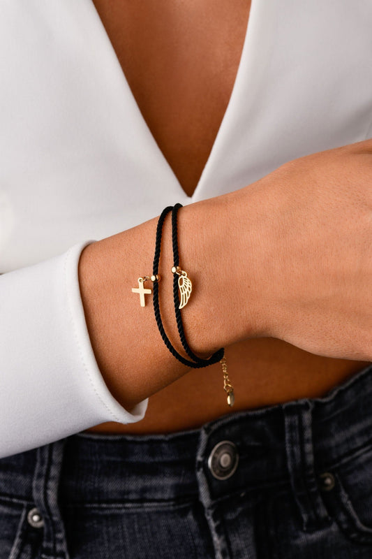 Double Black String Bracelet with Gold Plated Cross & Wing Pendant