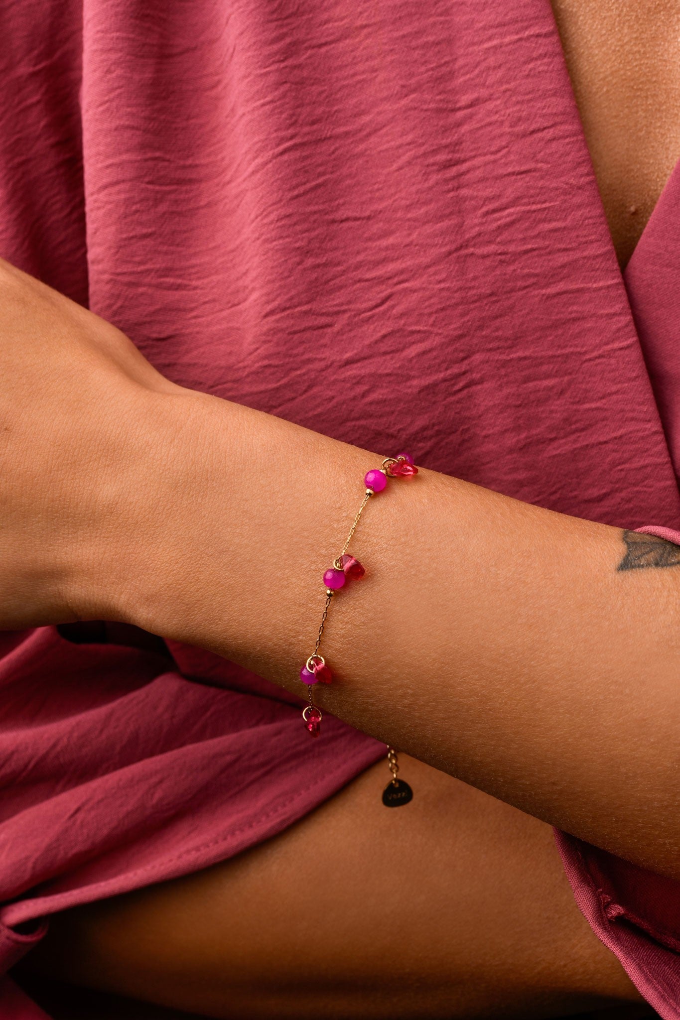 14k Gold Plated Bracelet with Pink Crystals and Pink Hearts