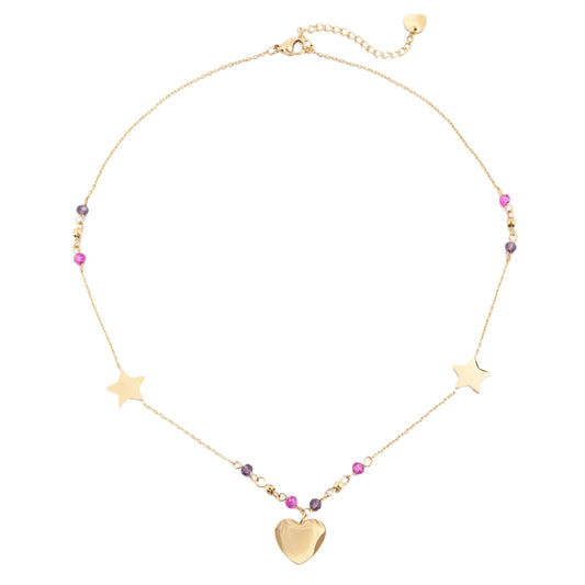 14k Gold Plated Heart and Stars Necklace with Pink Crystals