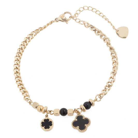 14k Gold Plated Chain Bracelet with Black Clovers