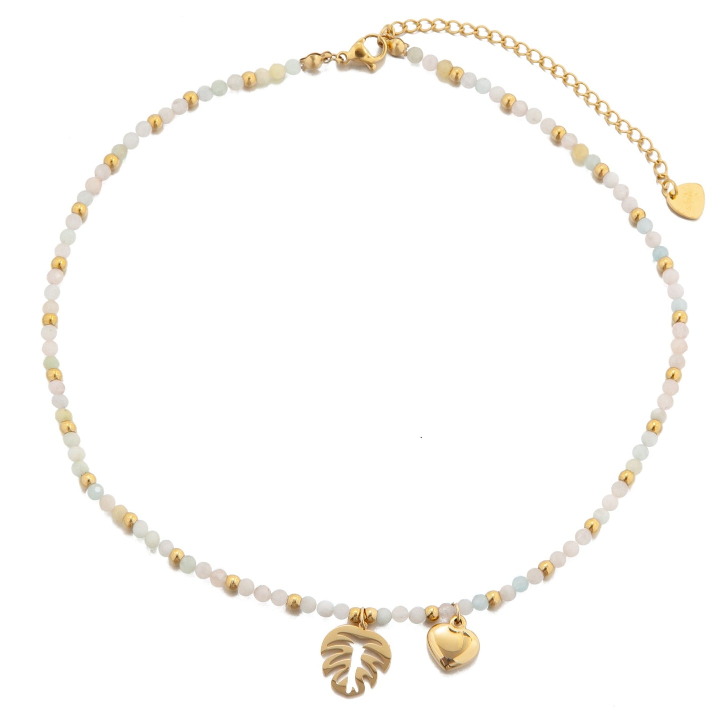 Morganite Stones Necklace with Gold Plated Monstera Leaf Pendant