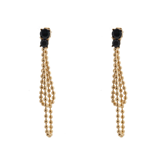 14k Gold Plated Double Chain and Black Crystals Earrings