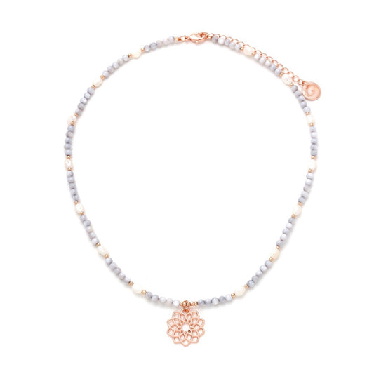 Rose Gold Plated Freshwater Pearl & Seashell Necklace with Flower Pendant