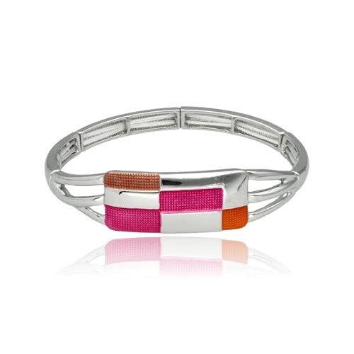 Self Adjustable Silver Bracelet with Pink and Orange Enamel