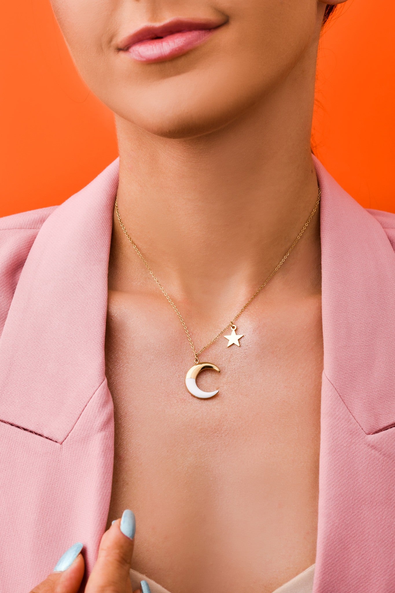 Gold Plated White Moon and Star Necklace