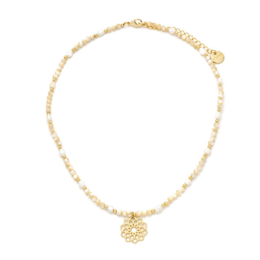 Gold Plated Freshwater Pearl & Seashell Necklace with Flower Pendant