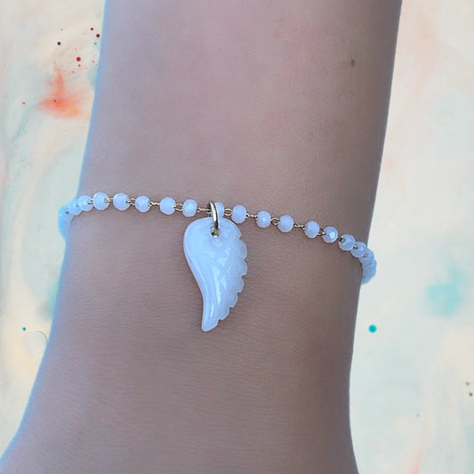 White Beaded Chain Bracelet with Wing Pendant