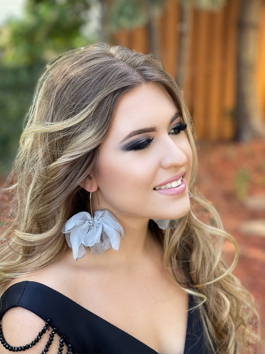 Flower Silk Earrings in Gray with Gray Beads