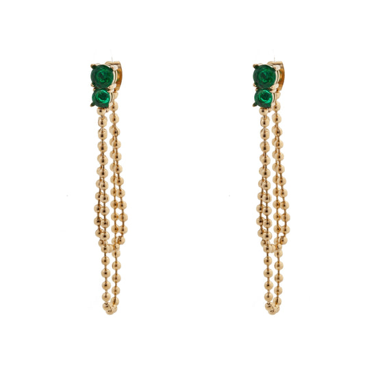 14k Gold Plated Double Chain and Green Crystals Earrings