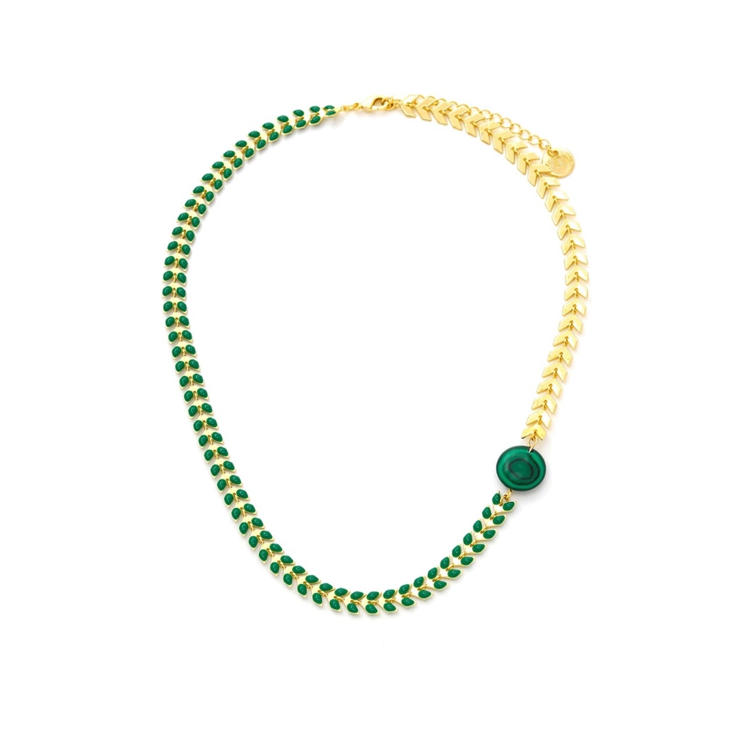 Gold Plated Necklace with Malachite Stone & Green Enamel