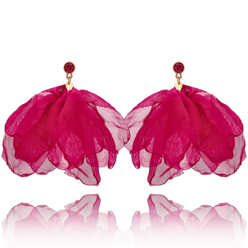 Pink Silk Flower Earrings with Pink Crystal