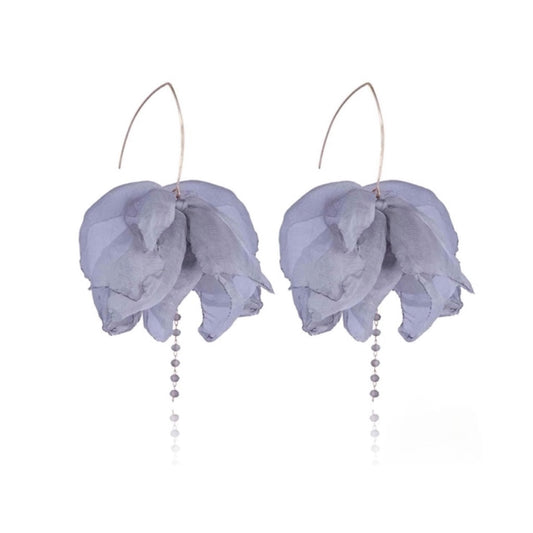 Flower Silk Earrings in Gray with Gray Beads