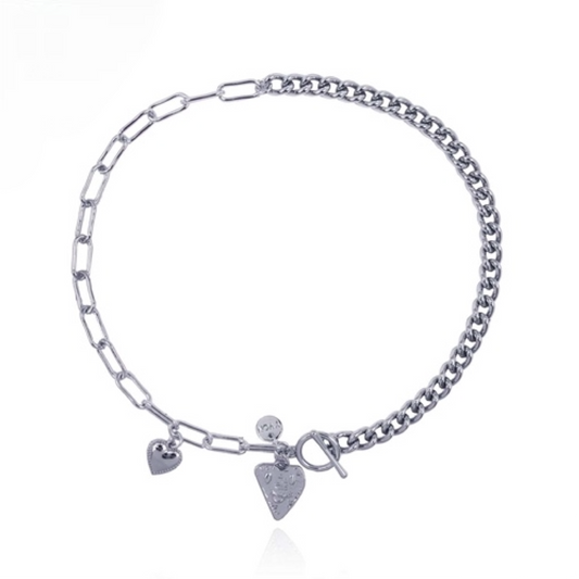 Antiallergic Silver Mixed Chain Necklace with Hearts