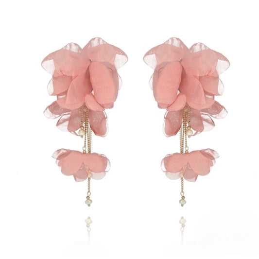 Powder Pink Flower Earrings with Chains and Pearls