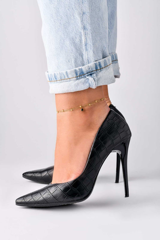 14k Gold Plated Double Chain Anklet with Black Crystal and Gold Beds