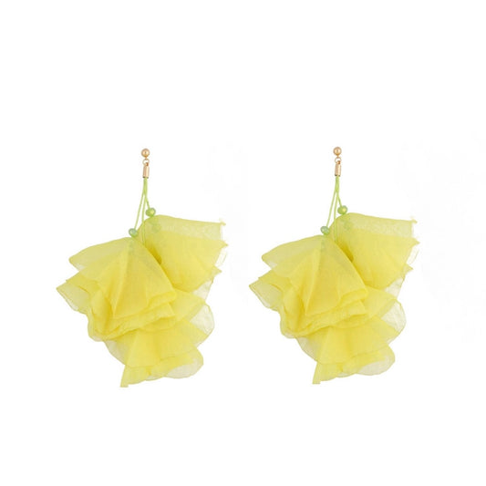 Shimmering Lemon with Green Beads Silk Flower Earrings