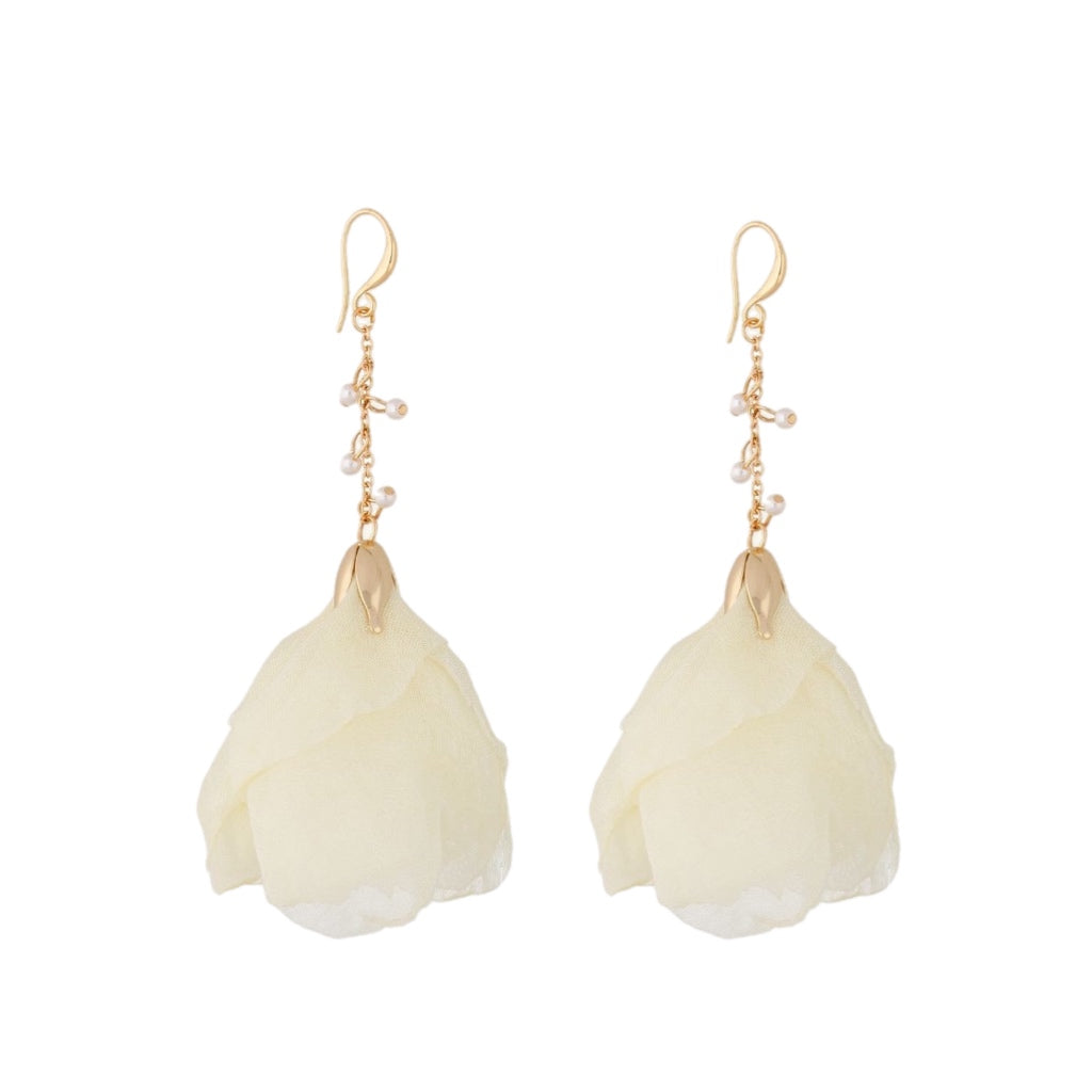 Beige Silk Flower Earrings with Small Pearls