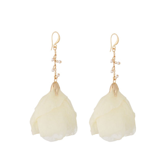 Beige Silk Flower Earrings with Small Pearls