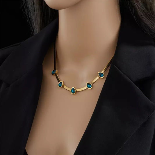 Stainless Steel Snake Chain Necklace with Blue Cubic Zirconias