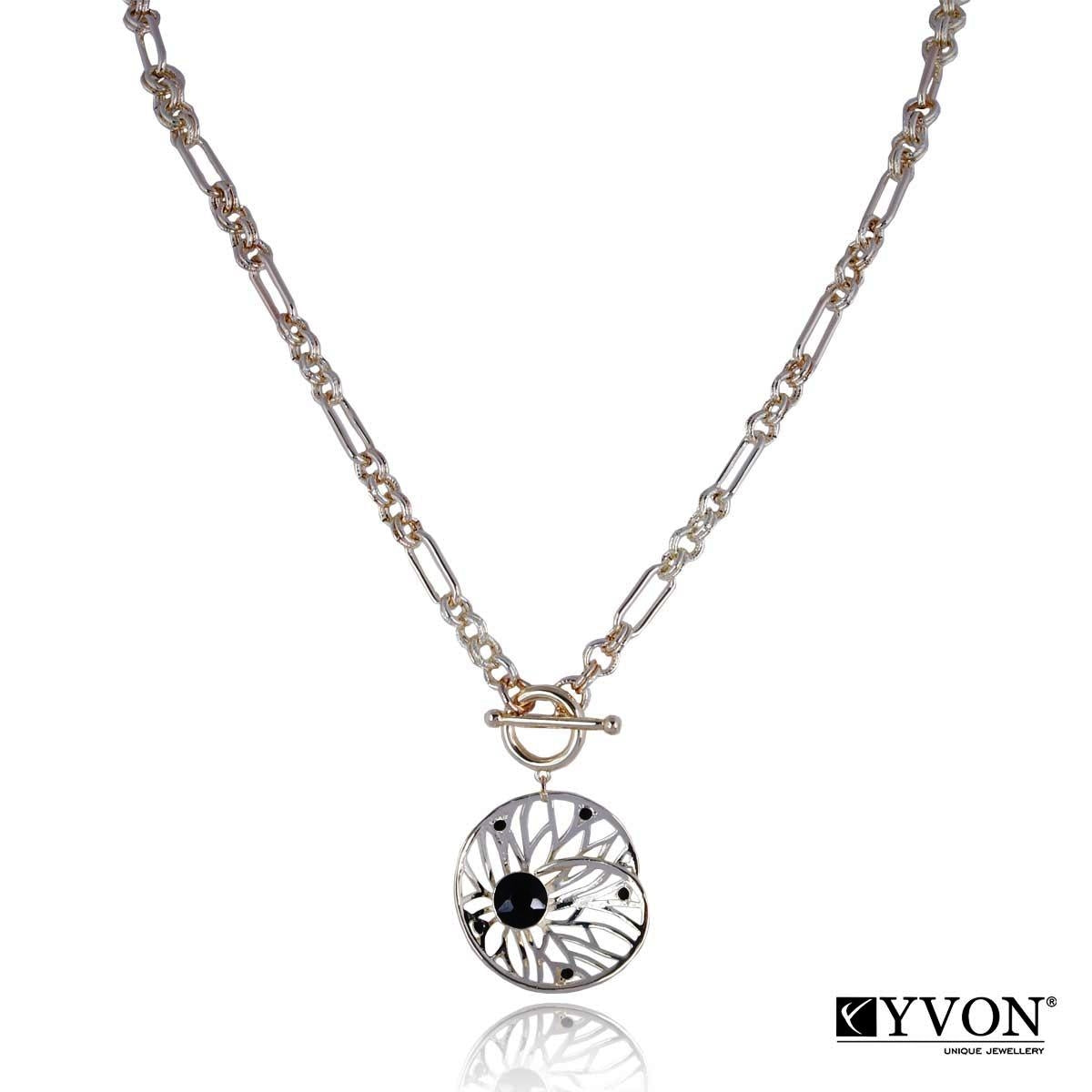 Elegant Long Chain Necklace with Flower Pendant and Black Crystal