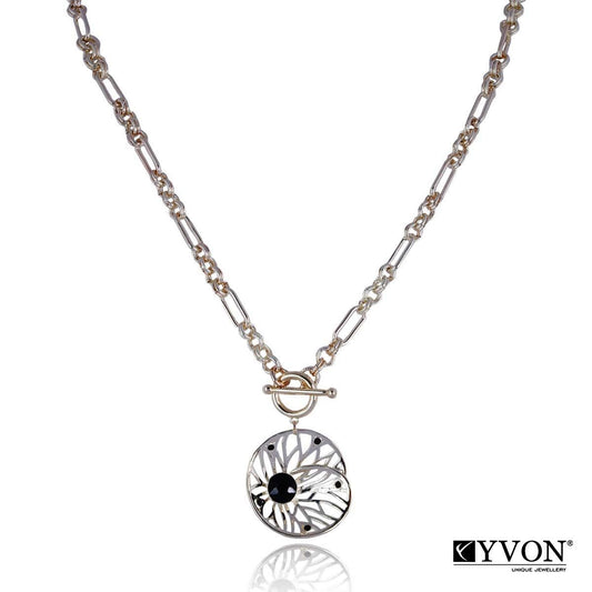 Elegant Long Chain Necklace with Flower Pendant and Black Crystal