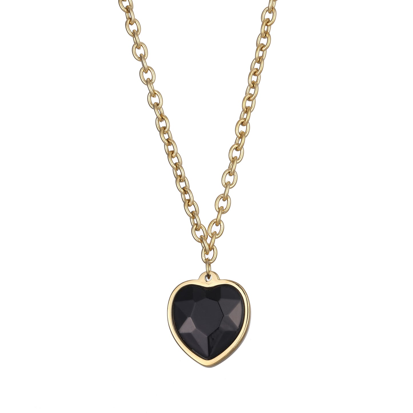 14k Gold Plated Long Necklace with Black Crystal Heart Pendant