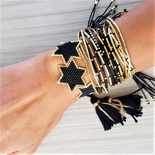Boho Bracelet with Black and Gold Beaded Stars on Black String