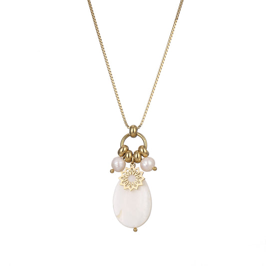 Gold Plated Long Necklace with Pearl and Flower Pendant