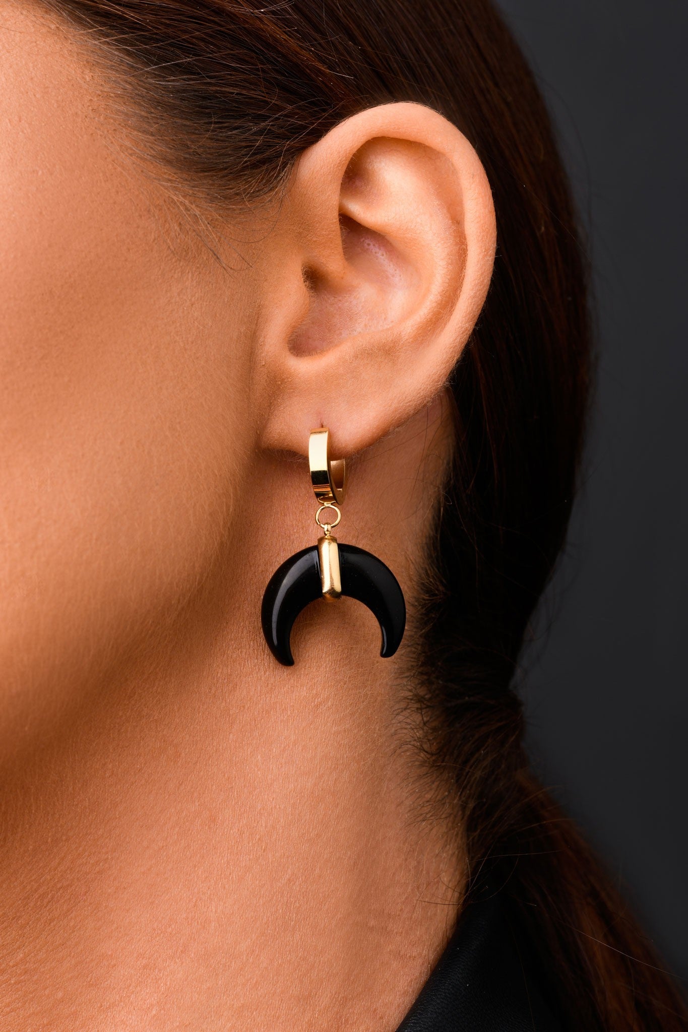 Gold Plated Onyx Moon Hoops Earrings