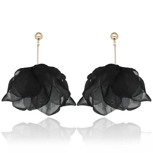 Black Tulips Flower Silk Earrings