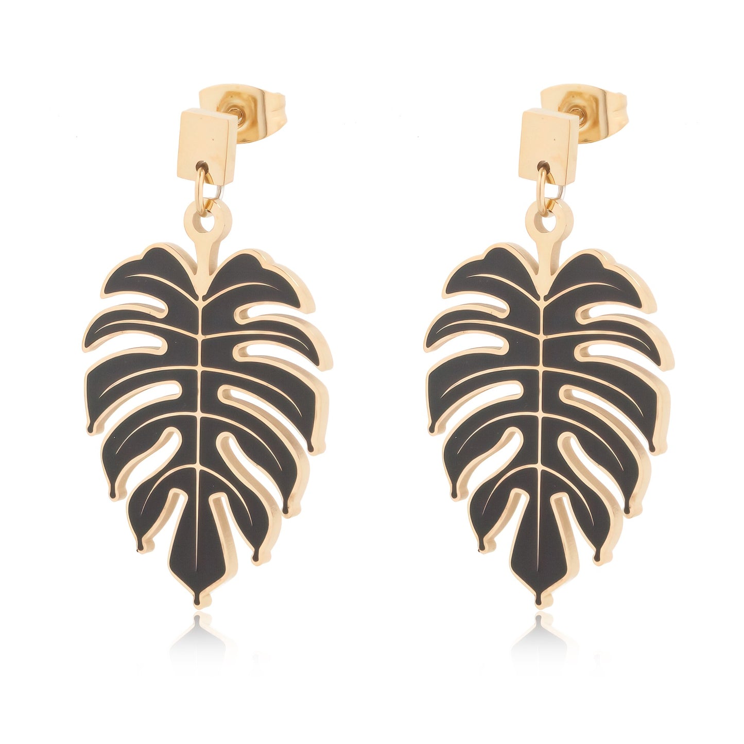 14k Gold Plated Black Monstera Leaf Earrings