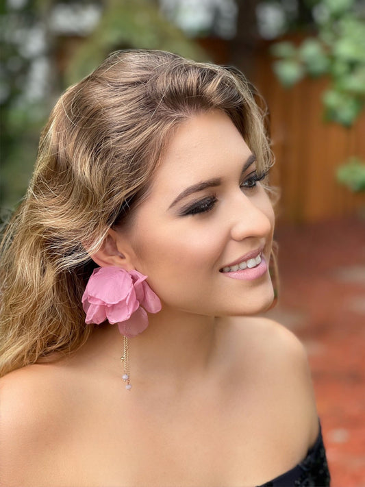 Rose Pink Flower Earrings with Chains and Beads