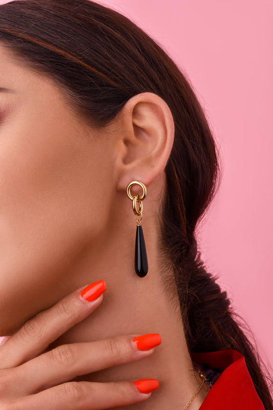 Gold Plated Black Pearl Tear Drop Earrings