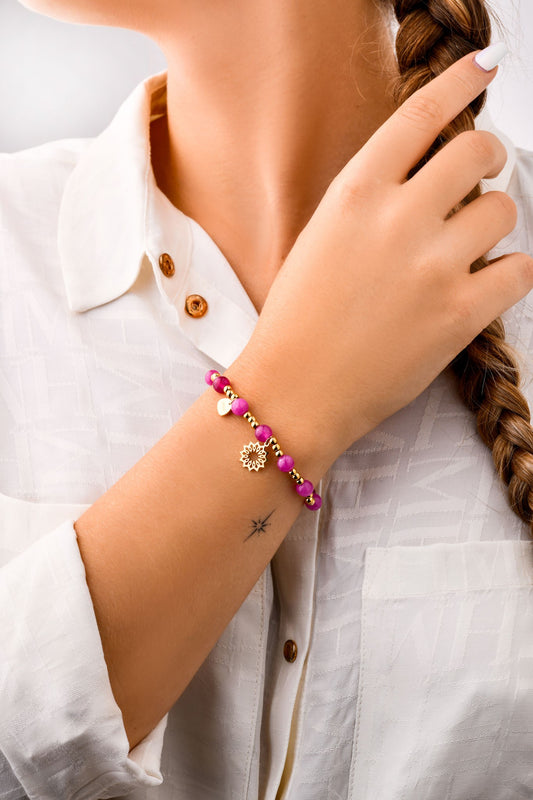 Gold Plated Pink Quartz Bracelet with Flower Pendant