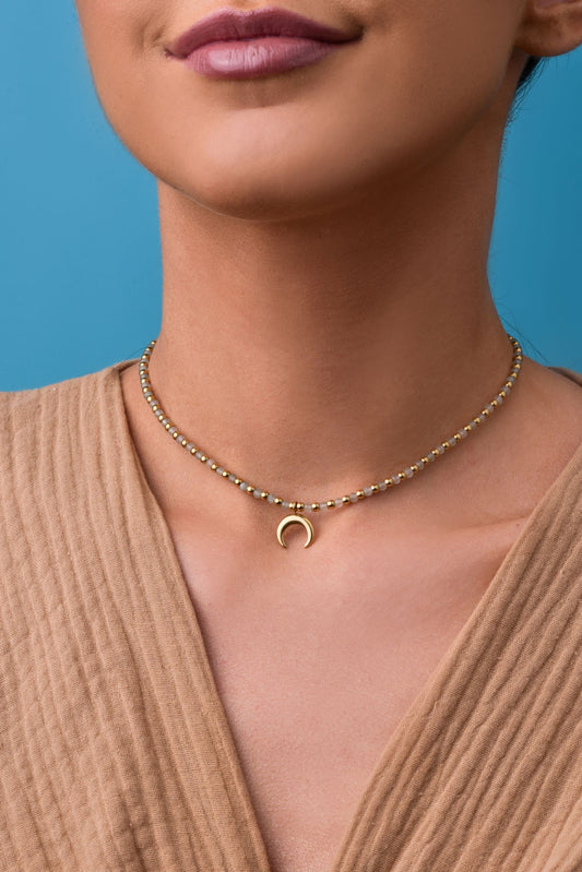 Stainless Steel and Green Strawberry Quartz Necklace with Moon Pendant